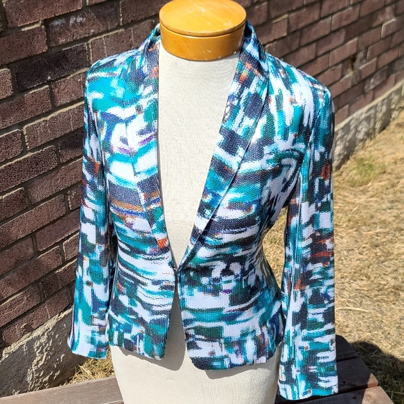 Etcetera blue & white print sequined jacket - Picture 2 of 10